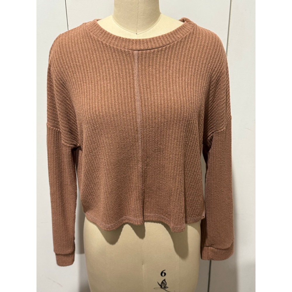 Women's Blumin Apparel Brown Ribbed Long Sleeve relaxed fit crewneck Tee S